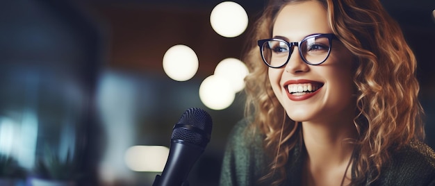 Happy woman recording a podcast in a bright office Generative AI