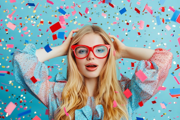 Photo happy woman in red glasses with confetti falling around her