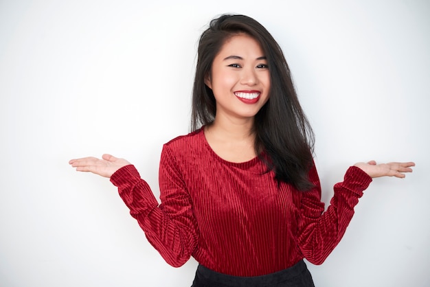 Happy woman in red velvet blouse