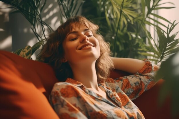 Photo happy woman relaxing on the sofa at home smiling girl enjoying day off lying on the couch