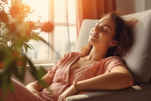 Happy woman relaxing on the sofa at home Smiling girl enjoying day off lying on the couch