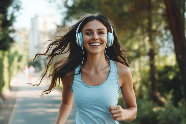 Happy woman running in the park while listening to music on her headphones