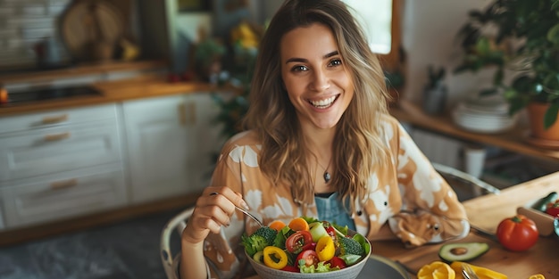 Photo happy woman savoring a healthy salad at home illuminated by daylight highlighting vibrant vegetables and a cozy atmosphere of wellbeing