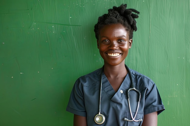 A happy woman in a scrub with a stethoscope around her neck is smiling