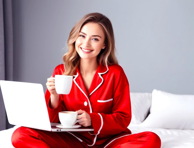 Happy woman shopping online for christmas gift with computer laptop and credit card on bed