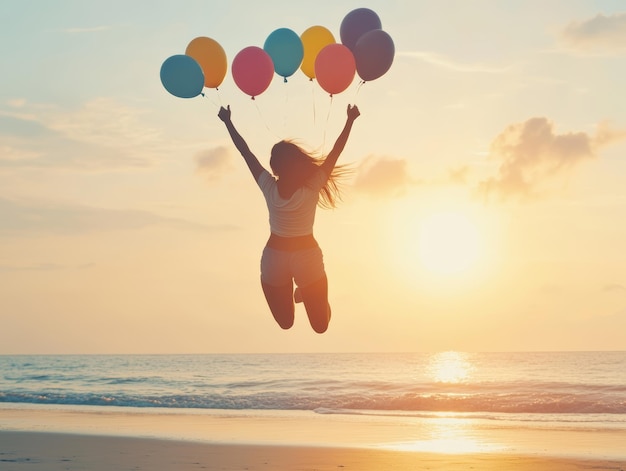 Photo happy woman silhouette with colorful balloons jumping at beach sunset dream and happiness concept