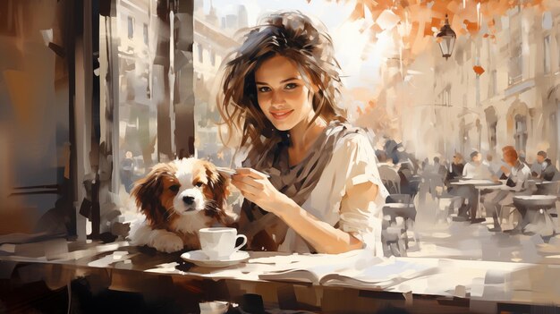 Photo happy woman sitting in a street cafe with a small dog on her lap