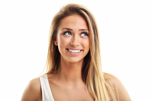 happy woman smiling isolated over white background