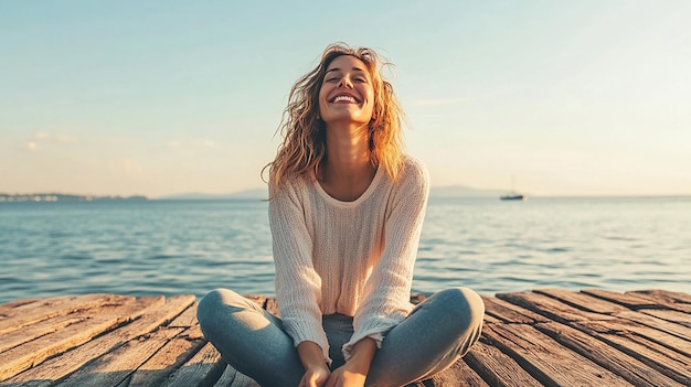 Photo happy woman smiling on the pier