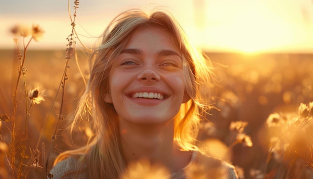 Photo happy woman smiling in a tranquil field at sunset embracing peace and serenity a moment of joy