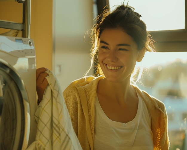 Happy woman smiling while doing laundry and household chores in photography shot