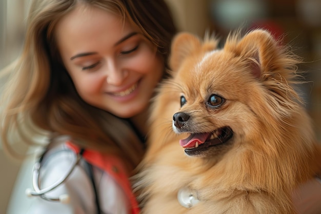 A happy woman smiling while holding her adorable Pomeranian dog A warm and joyful moment capturing companionship and love