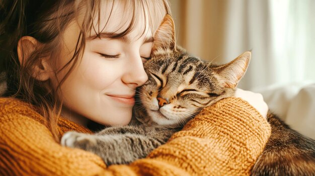 A happy woman in a soft sweater embraces her purring cat sharing a moment of love and warmth on a cozy bed