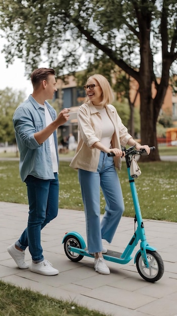 Happy woman standing by push scooter with boyfriend at park