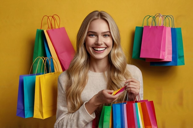 Happy woman standing with shopping bags at wall