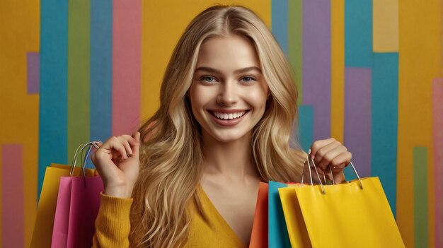 Happy woman standing with shopping bags at wall