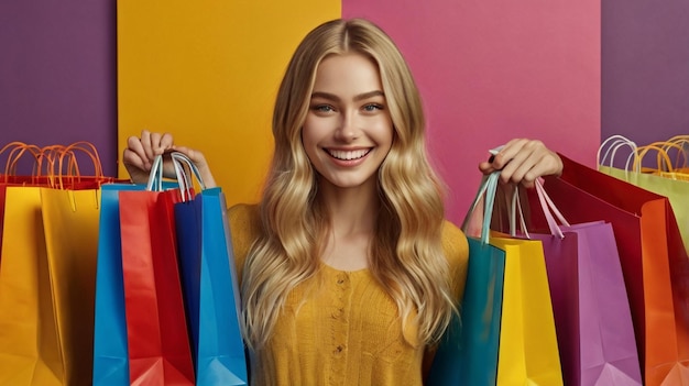 Happy woman standing with shopping bags at wall