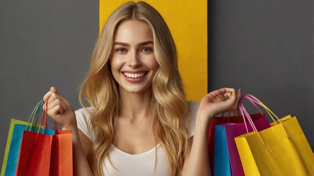 Happy woman standing with shopping bags at wall