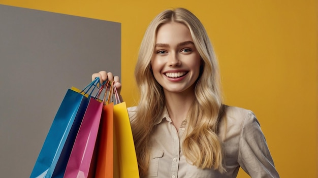 Happy woman standing with shopping bags at wall