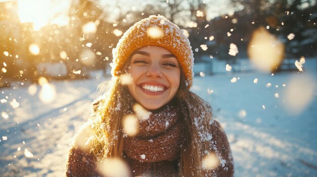 Happy Woman Throwing Snow in the Air on Sunny Winter Day