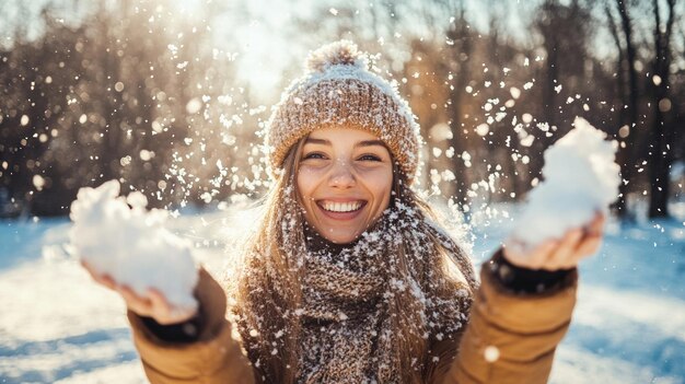 Photo happy woman throwing snow in the air on sunny winter day