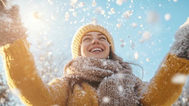 Happy Woman Throwing Snow in the Air on Sunny Winter Day