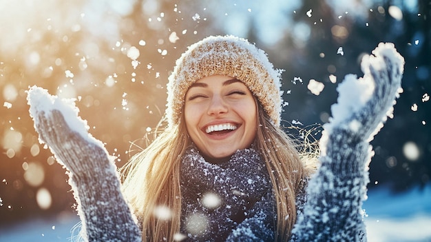 Photo happy woman throwing snow in sunny winter