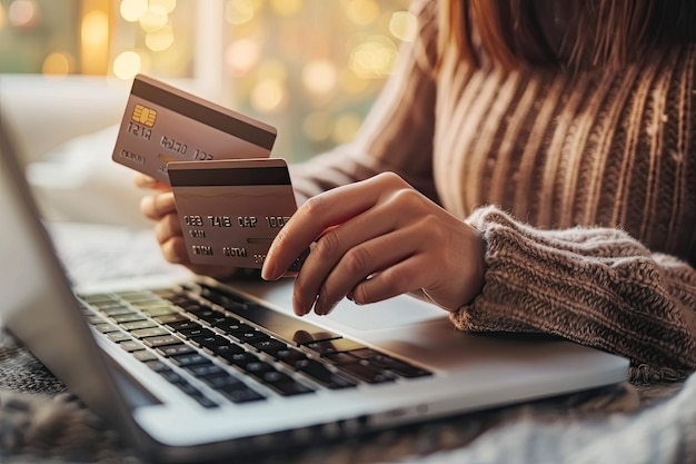 Happy Woman Using Laptop and Credit Card for Online Shopping