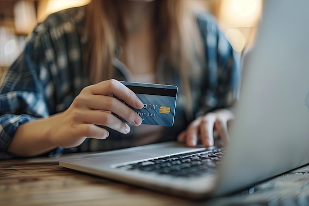 Happy Woman Using Laptop and Credit Card for Online Shopping