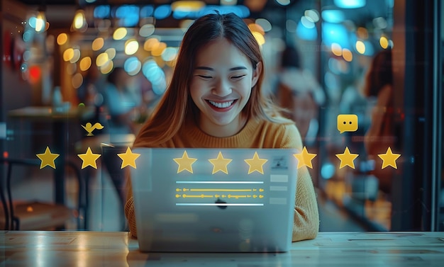 Happy Woman Using Laptop to Fill Out Customer Service Review Form