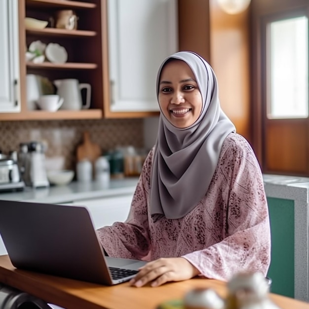 Happy Woman using laptop on kitchen table Generative AI