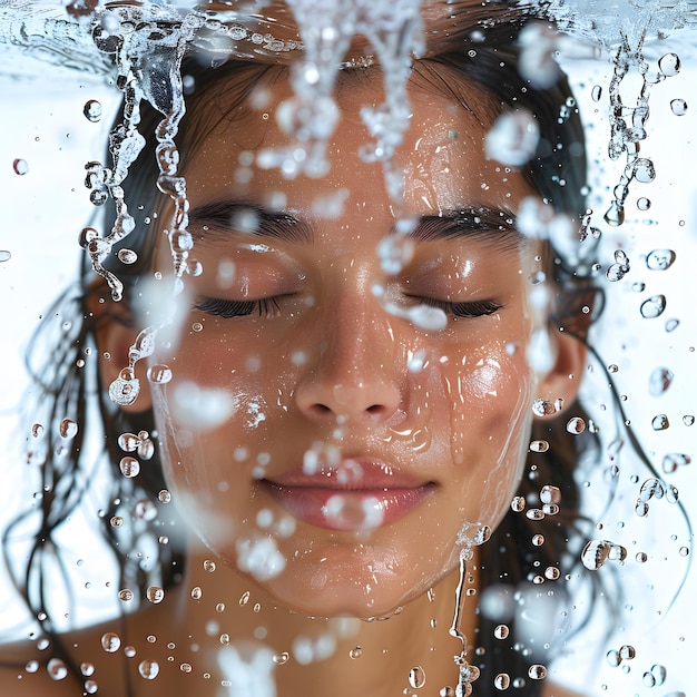 happy woman under water drops taking refreshing shower closeup isolated on white background