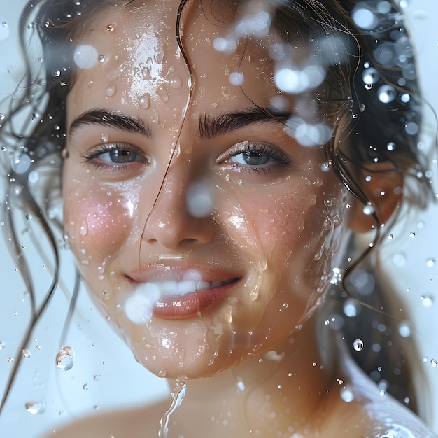 happy woman under water drops taking refreshing shower closeup isolated on white background