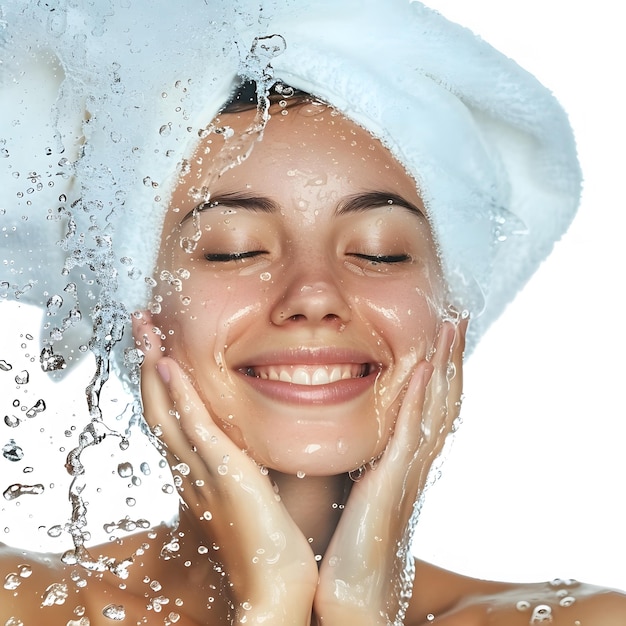 happy woman under water drops taking refreshing shower closeup isolated on white background