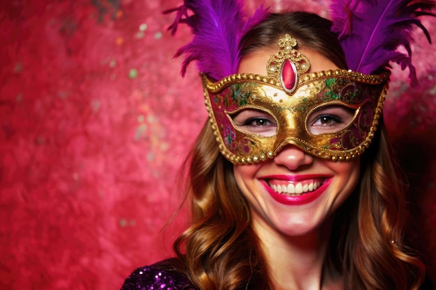 Happy woman wearing an ornate mask smiles brightly at a festive celebration Generative AI