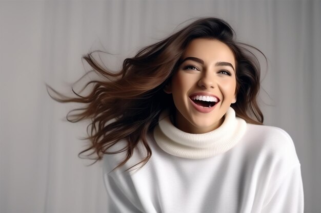 happy woman wearing sweater White background