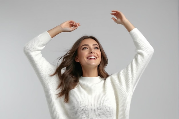 happy woman wearing sweater White background