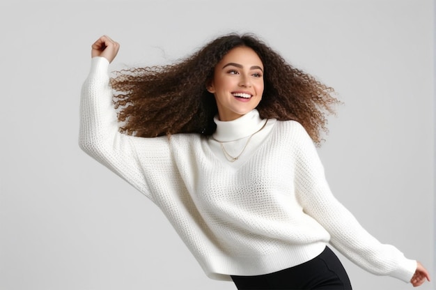 happy woman wearing sweater White background