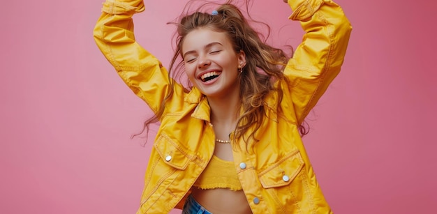 Photo happy woman wearing yellow jacket with arms raised in front of pink background