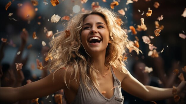 Happy woman with arms outstretched in confetti