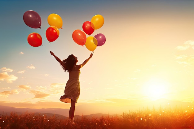 Happy Woman with Balloons at Sunset in Summer Capturing a Bright Moment in a Beautiful Landscape