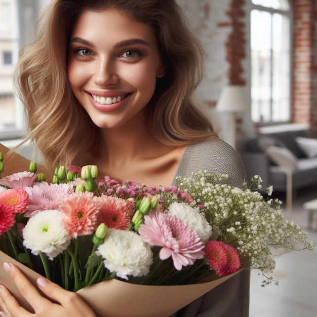 Happy woman with a bouquet of flowers