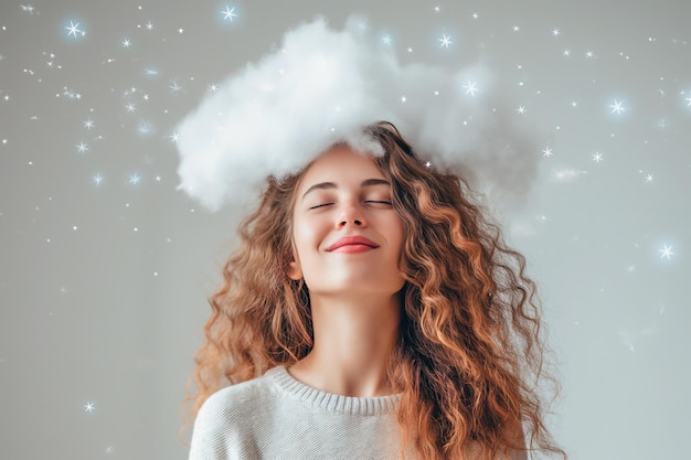 Photo happy woman with cloud above her head stars and sparkles as a symbol of dreaming happiness joy positive thoughts planning imagination and thinking romantic dreamy mood mental health concept