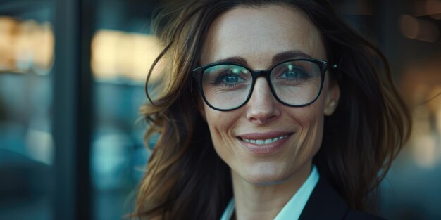 A happy woman with glasses looking directly at the camera