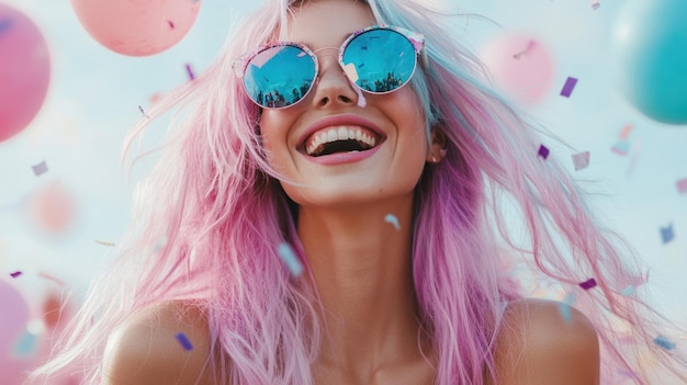 Happy Woman with Pink Hair and Sunglasses