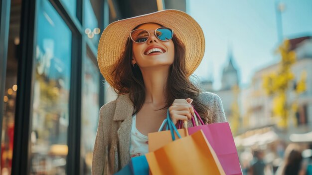 Happy woman with shopping bags looking at store windows while walking through city ar 169 v 61 Job I