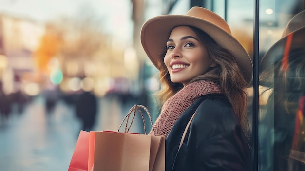 Happy woman with shopping bags looking at store windows while walking through city ar 169 v 61 Job I