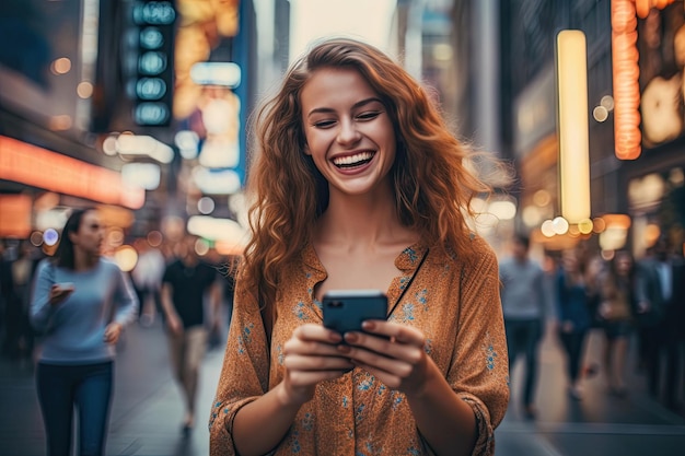 Happy woman with smart phone on street