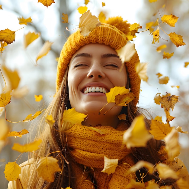 Photo happy woman with yellow leaves rejoicing outside in autumn park isolated on white background