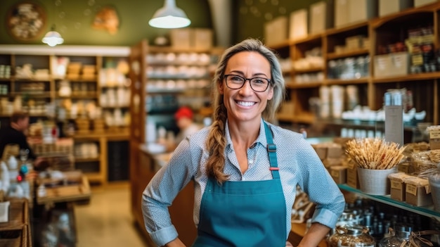 Happy woman working in a Neighborhood grocery store with a sincere smile